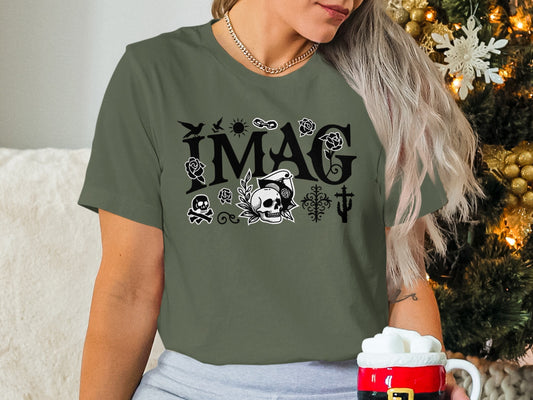 IMAG Graphic Design Tee with Skulls and Flowers