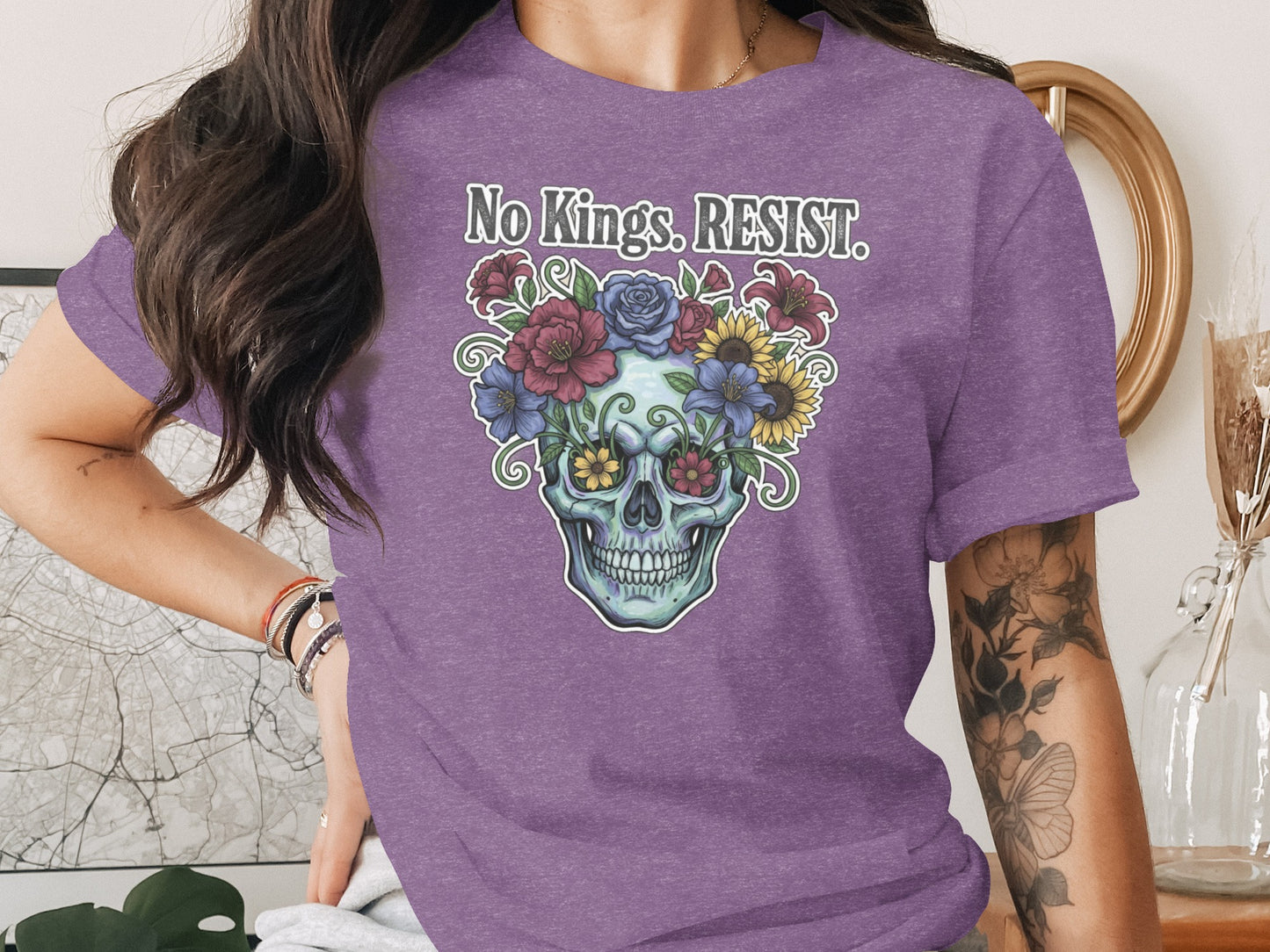 No Kings RESIST Skull with Flowers Graphic T-Shirt product