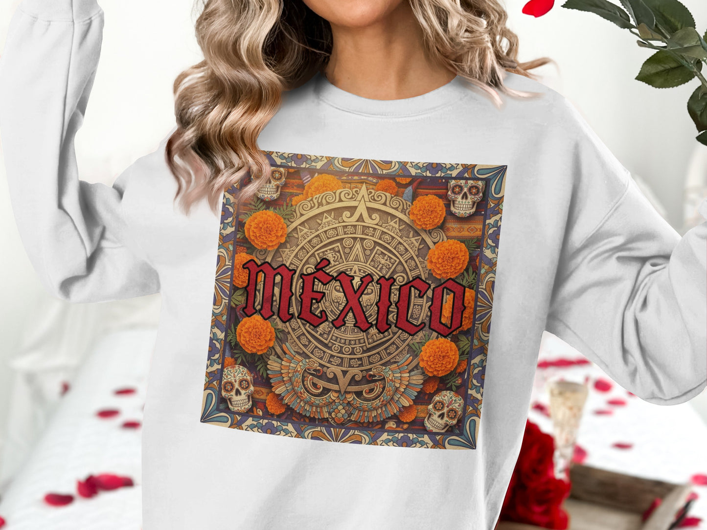 Mexico Aztec Skull Marigold Graphic Sweatshirt product