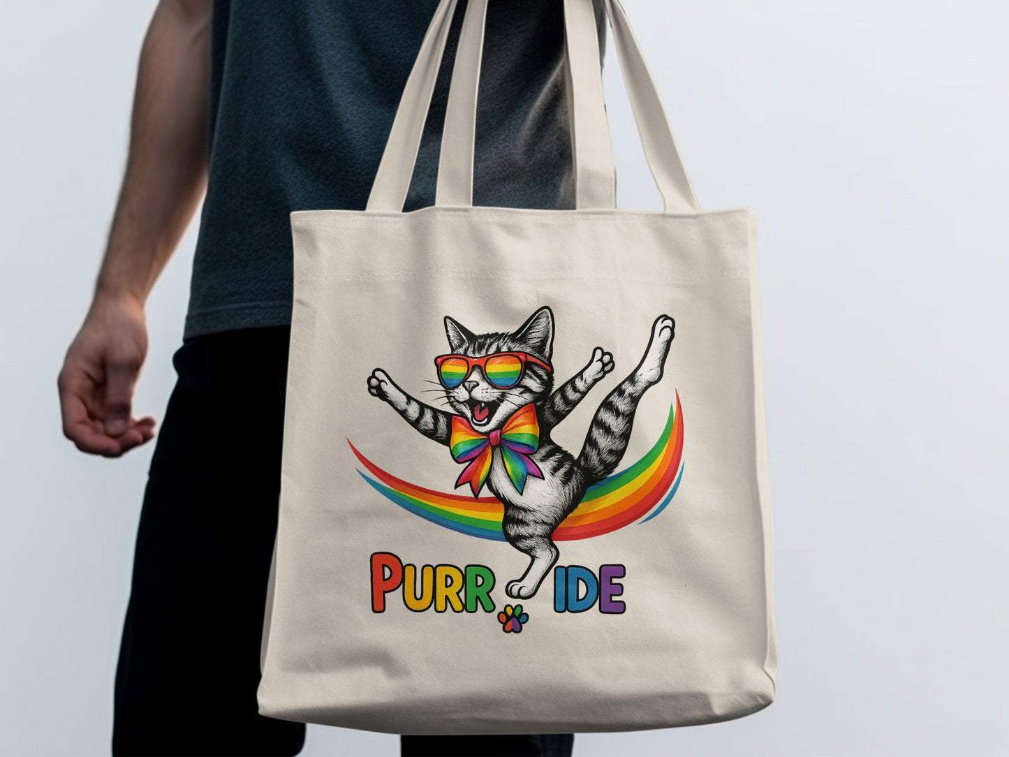Purr Ide Cat with Sunglasses Rainbow Tote Bag product type