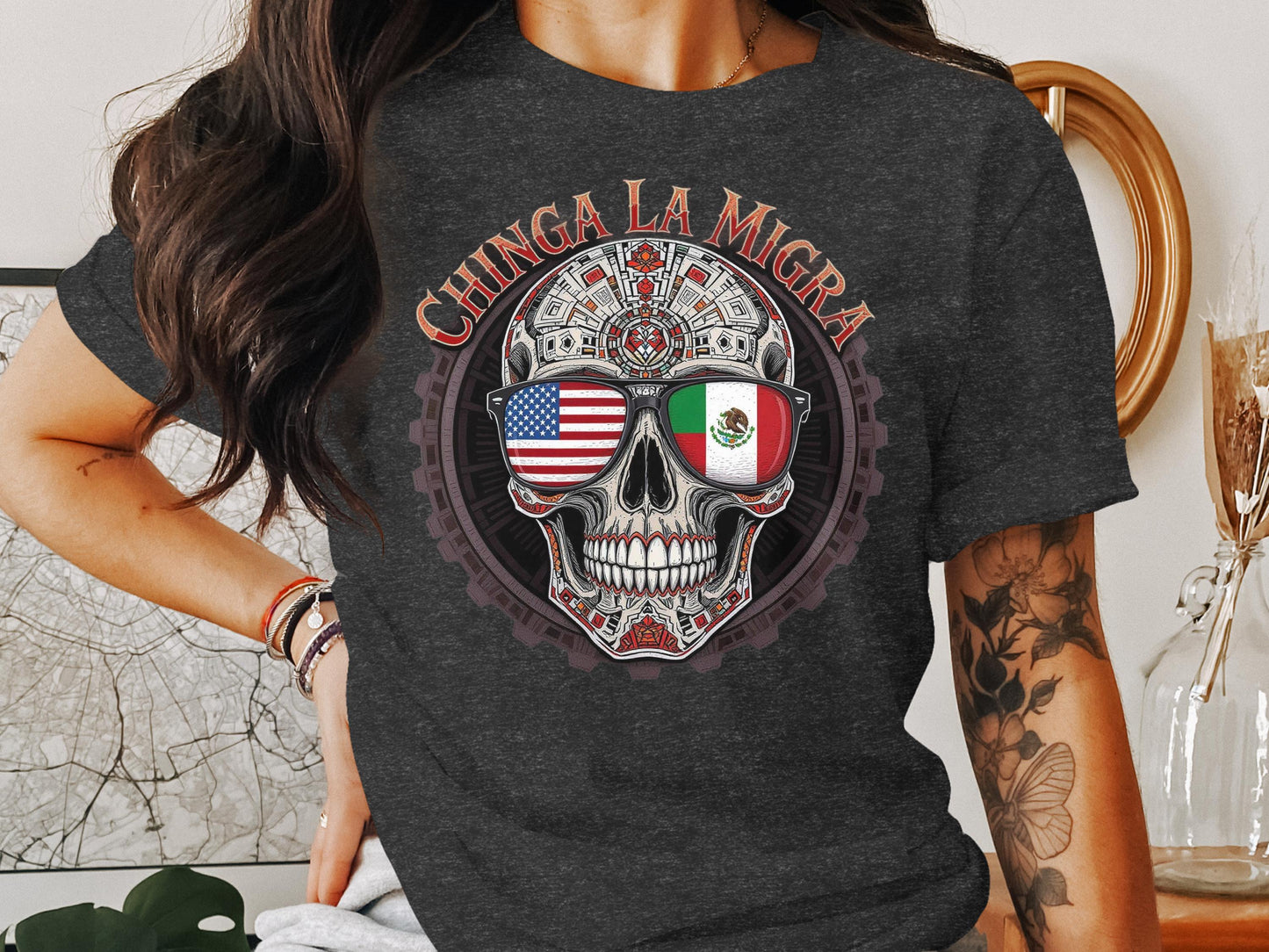 Chinga La Migra Skull Design Graphic Tee Shirt product
