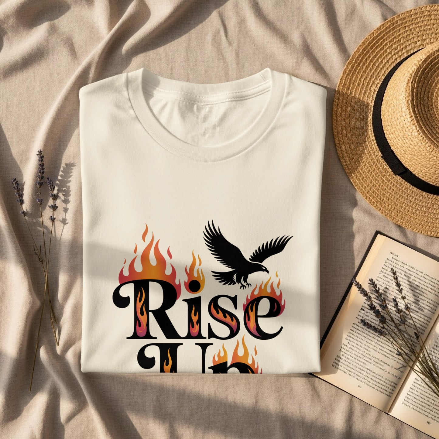 Rise Up Graphic Tee with Flaming Bird Design product type