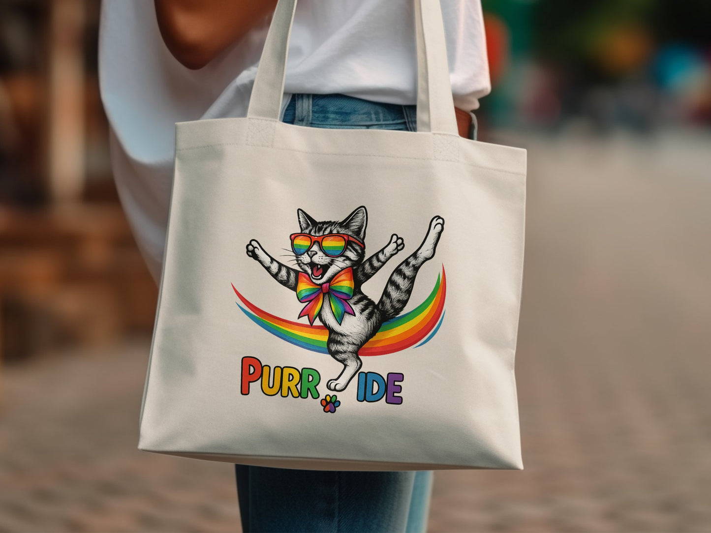Colorful Cat with Rainbow Print Purr Pride Tote Bag product type