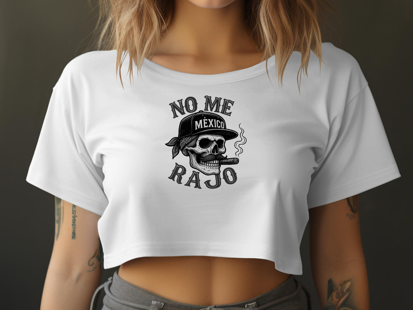 No Me Rajo Skull with Hat Smoking Print crop top product