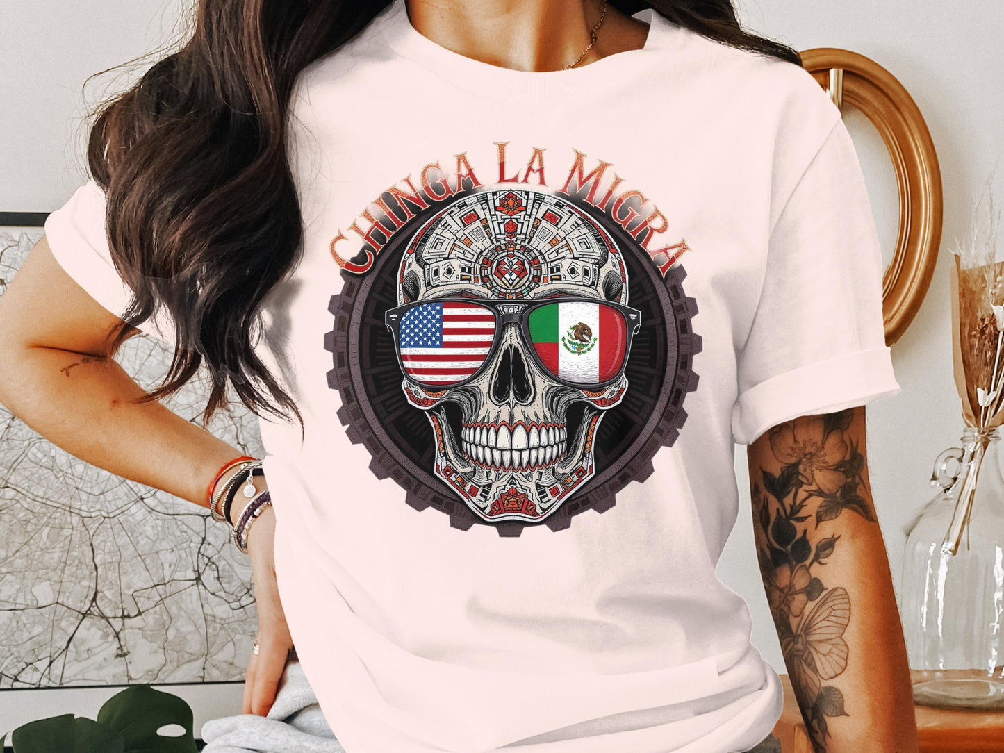 Chinga La Migra Skull Graphic Tee shirt type product
