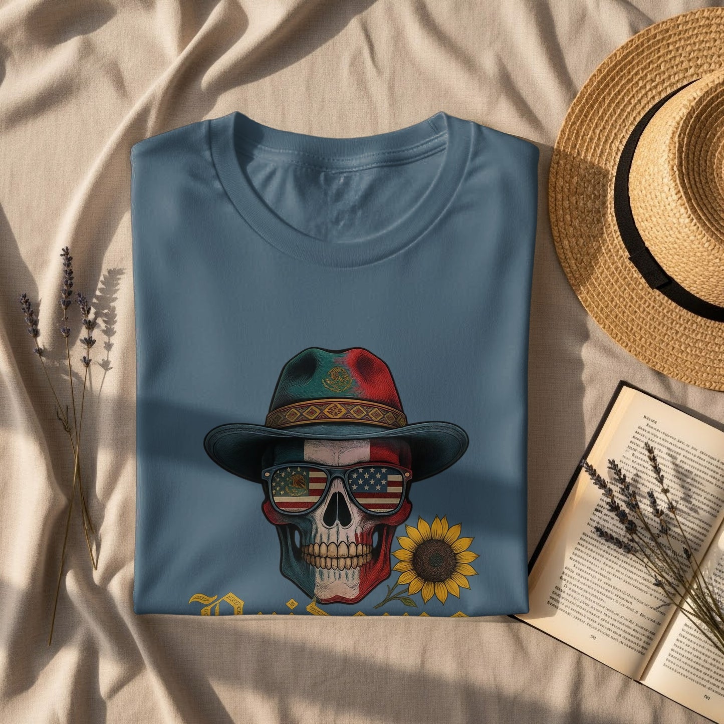 Colorful Skull with Hat and Sunflower Graphic product type