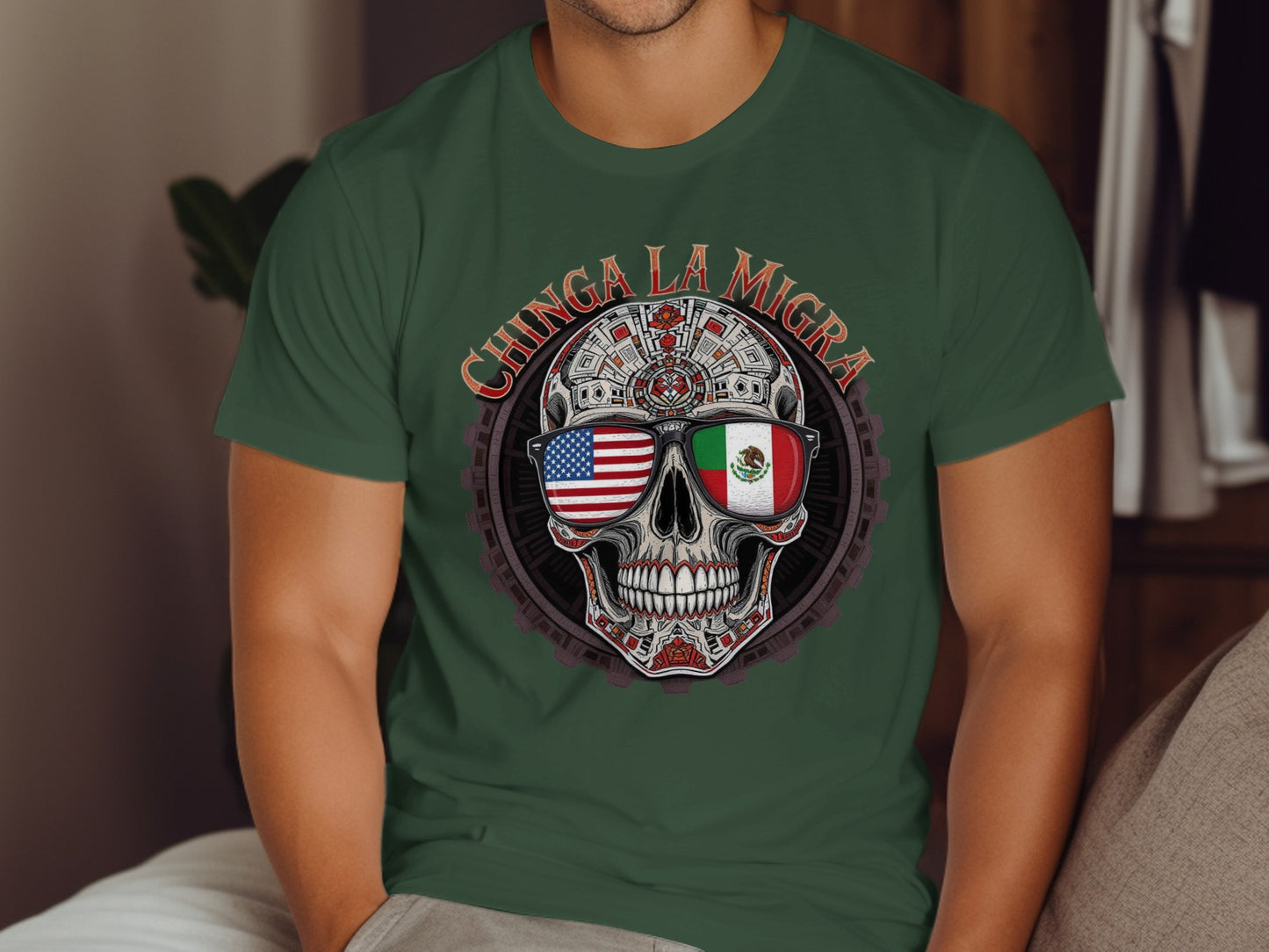 Chinga La Migra Skull Graphic Tee Shirt American Mexican product type