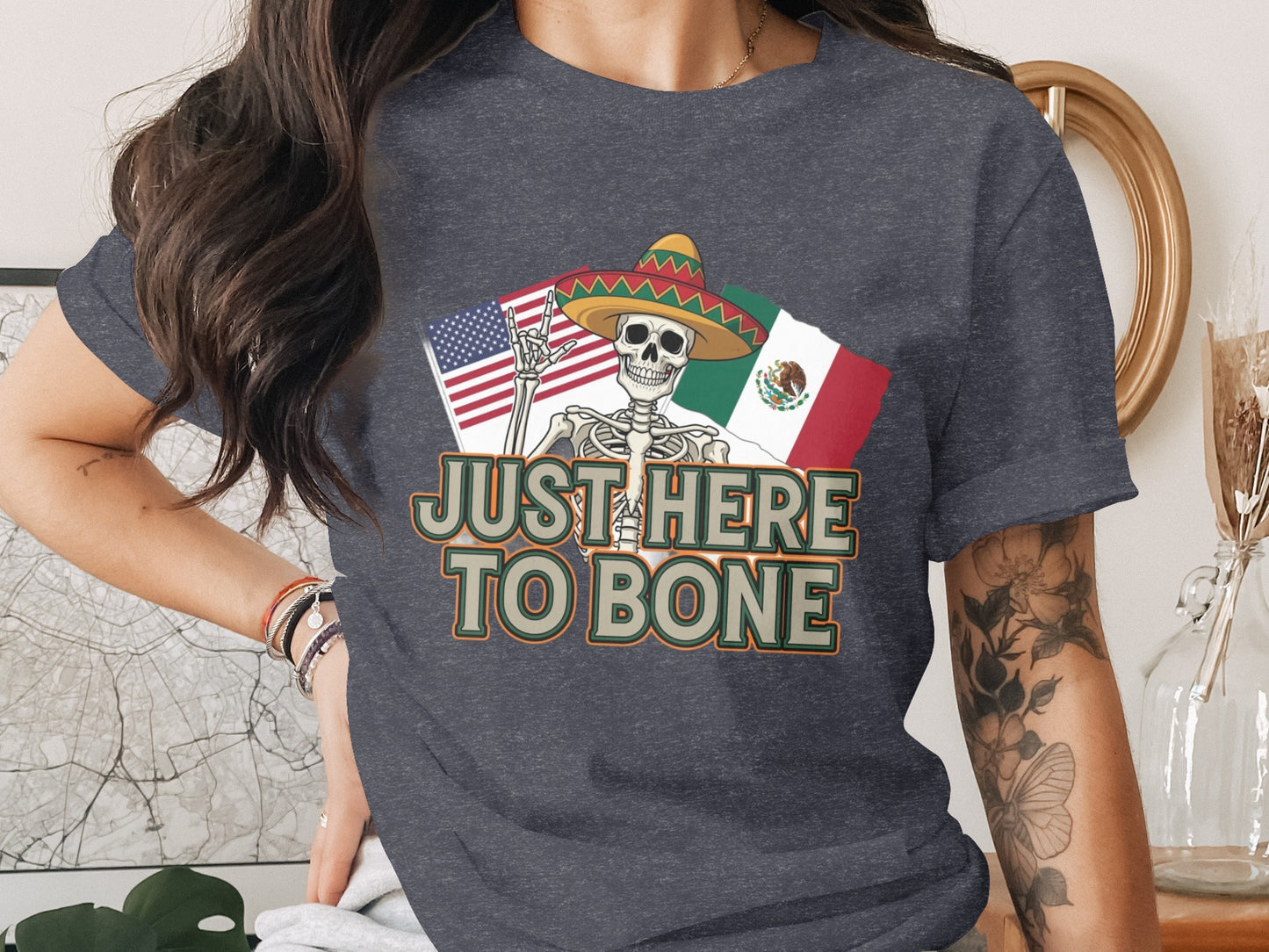 Just Here to Bone Skeleton Themed Graphic Shirt product