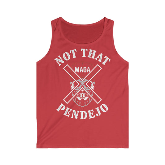 Red tank top with "NOT THAT MAGA PENDEJO" text and skull graphic.