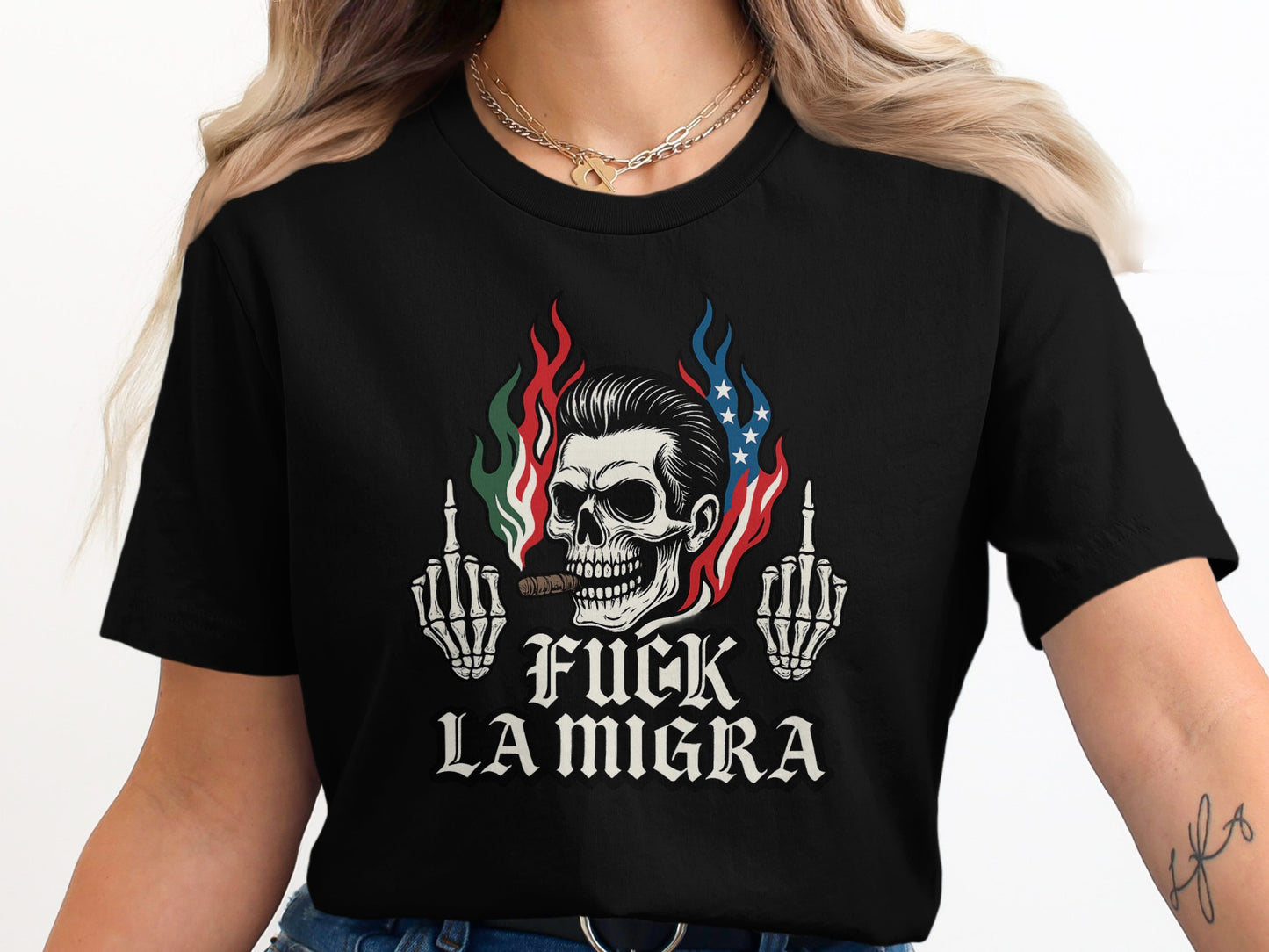 Skull with Flames and Hands Statement TShirt Product