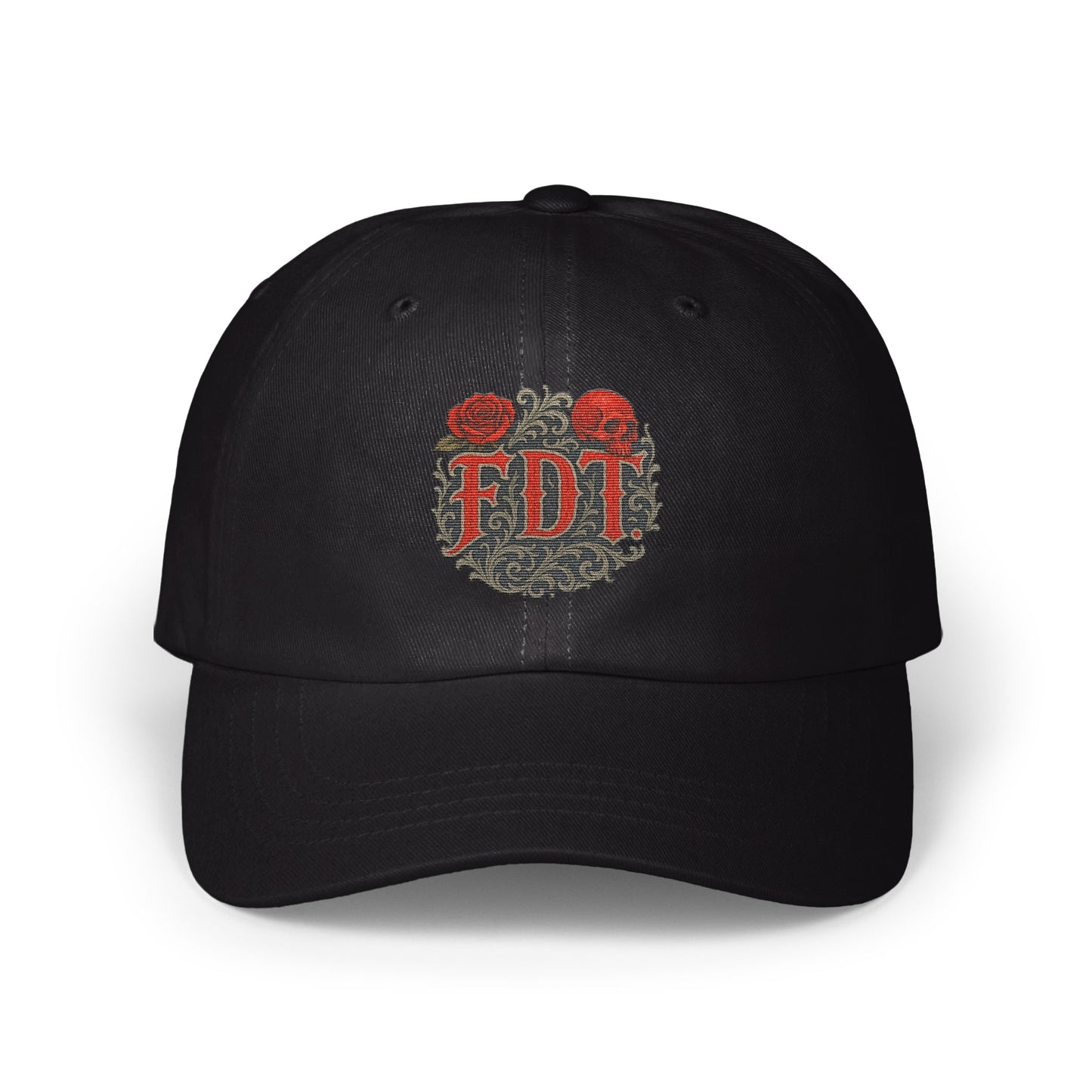 Stylish Black Cap With Intricate Red Design Hat product