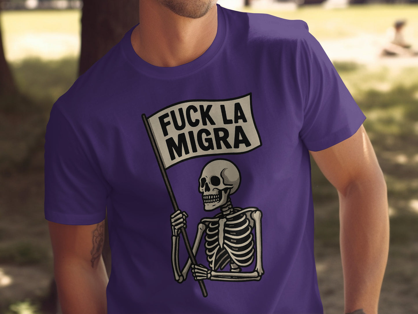 Fuck La Migra Skeleton Holding Flag Shirt product