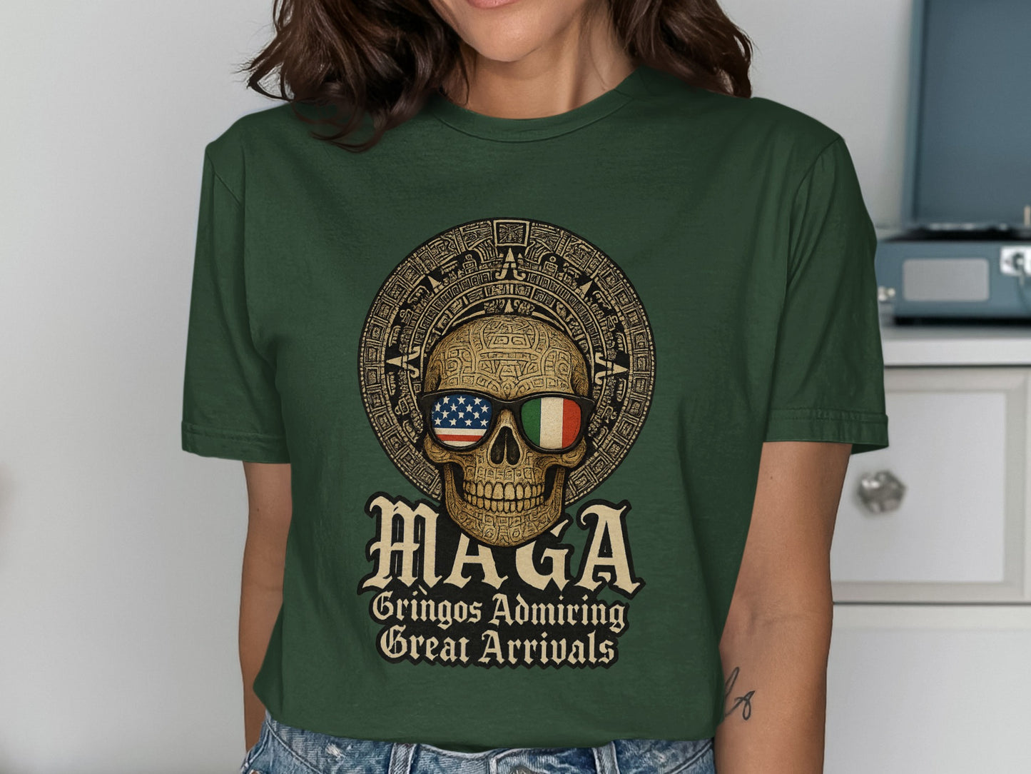 Unique Graphic Print Skull Design Green Shirt product