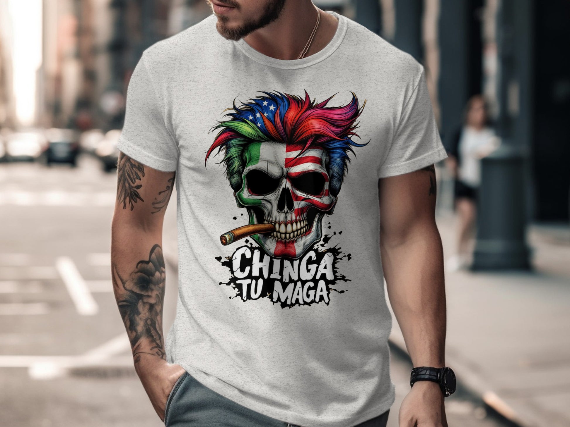 Vibrant Skull Graphic Chinga Tu Maga T-shirt product