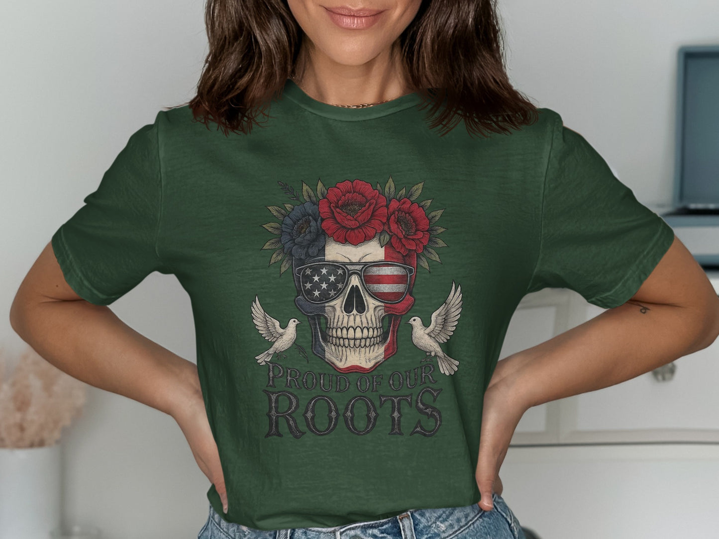 Patriotic Skull and Flowers Green Graphic Tee product type