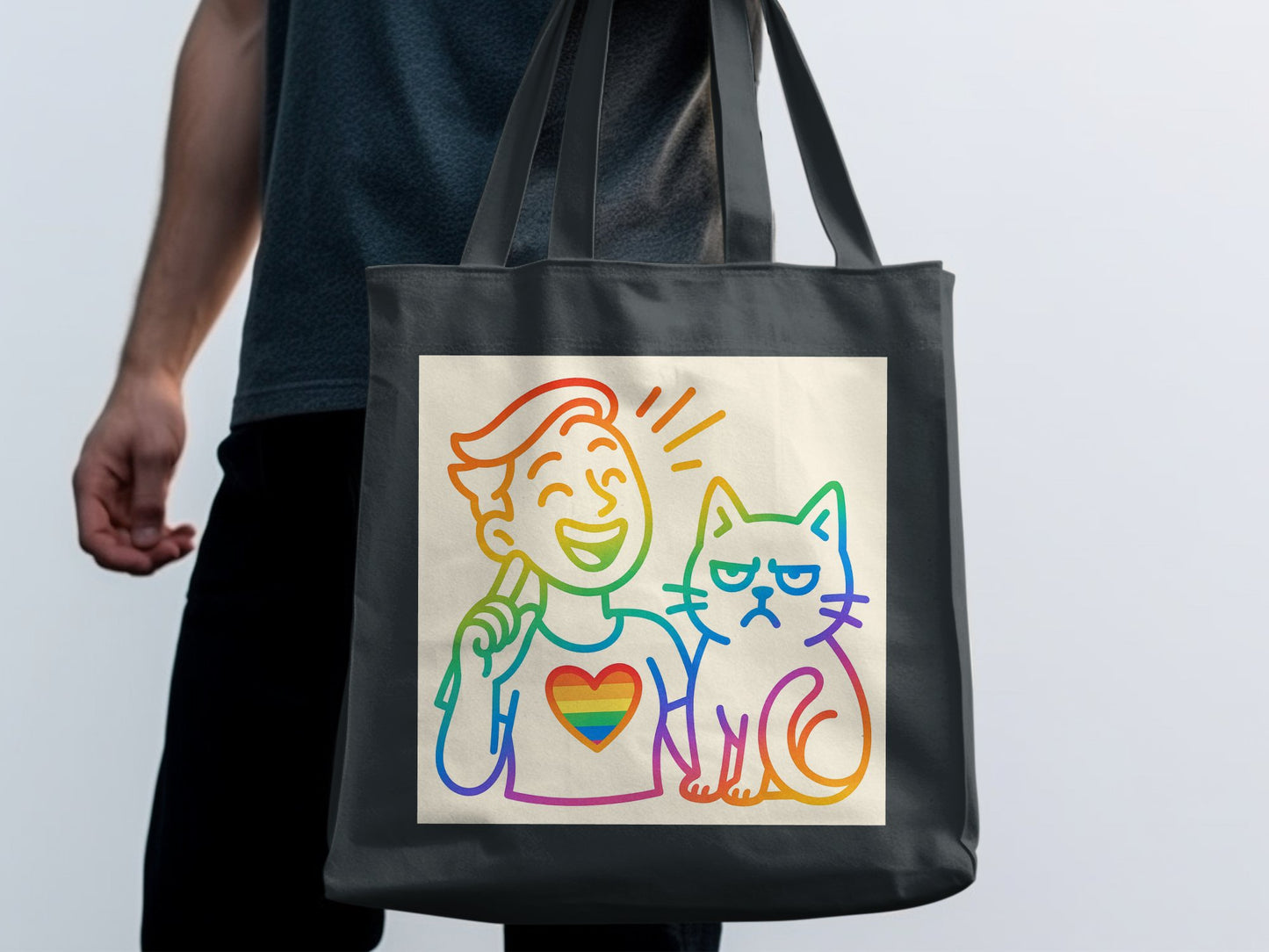 Rainbow Design Person and Cat Art Tote Bag product