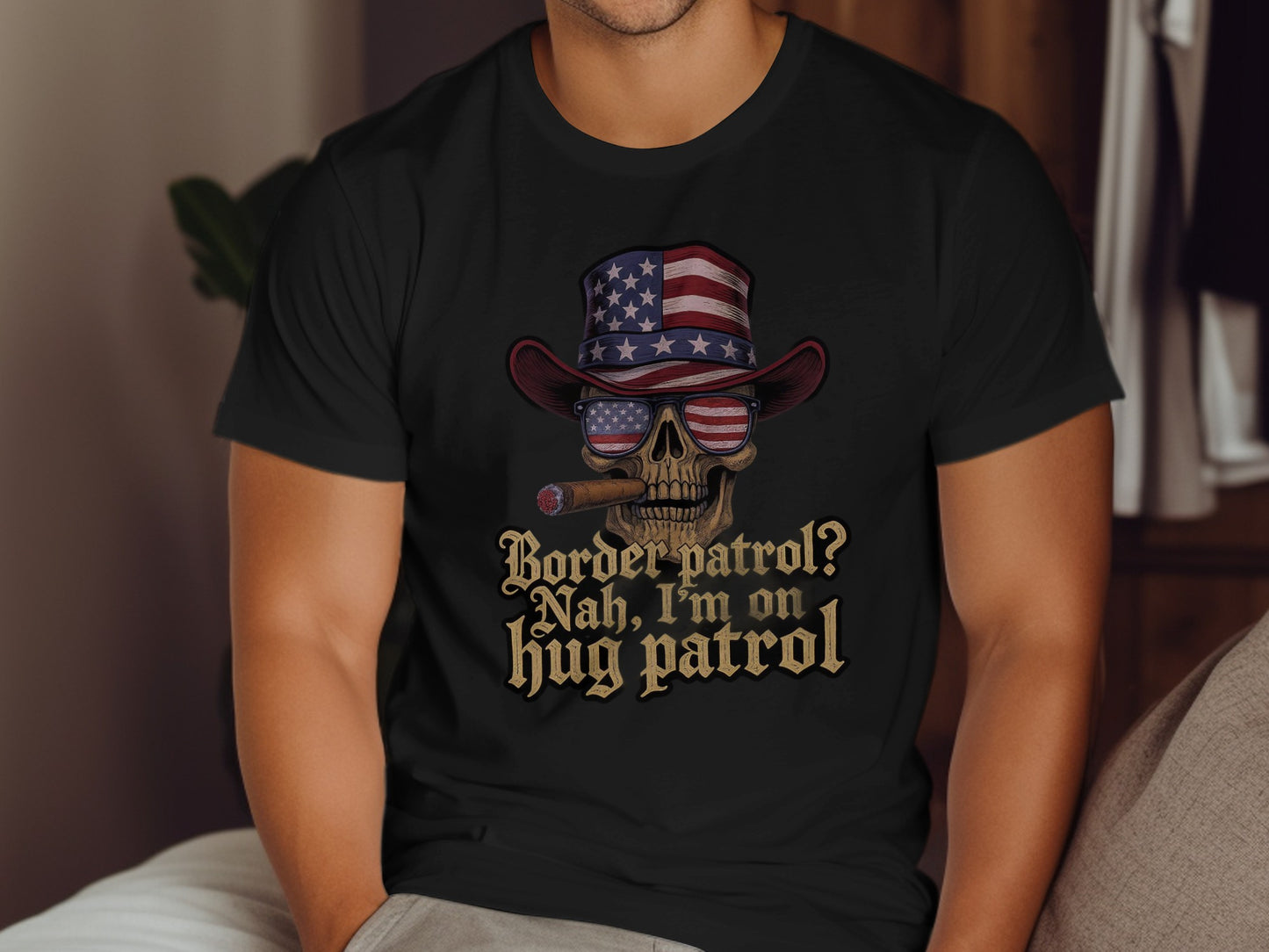 Patriotic Skull with Hat Hug Patrol Graphic T-Shirt Product