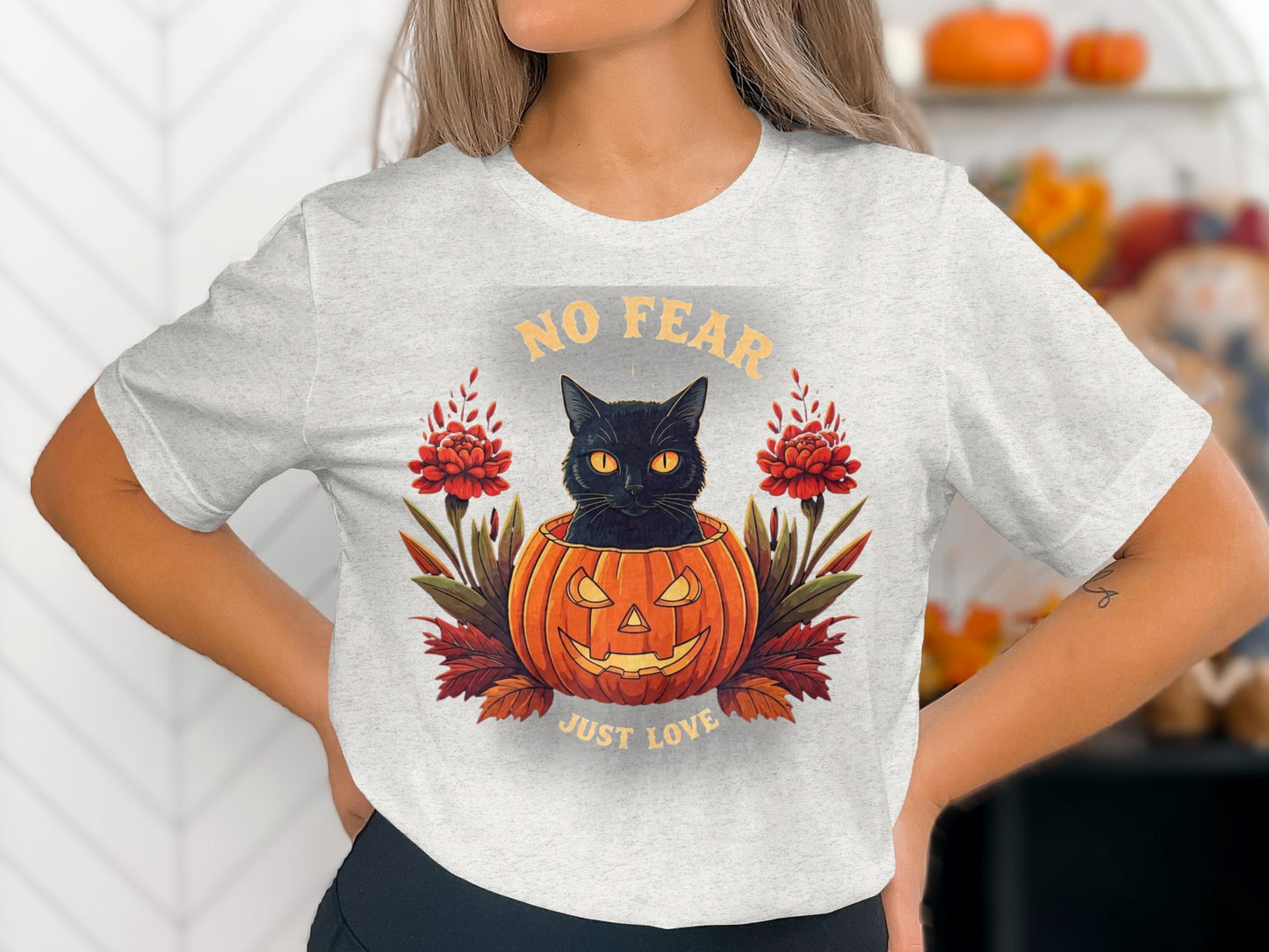 No Fear Just Love Cat in Pumpkin Graphic Shirt product