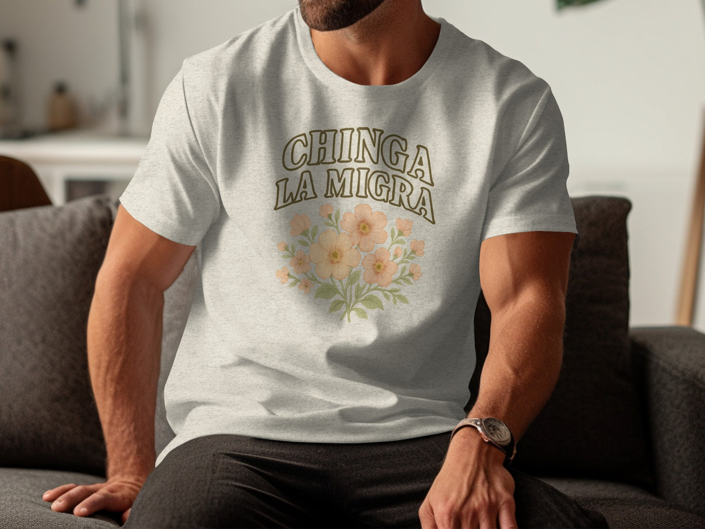 Chinga La Migra Floral Design Graphic Print T-Shirt Product