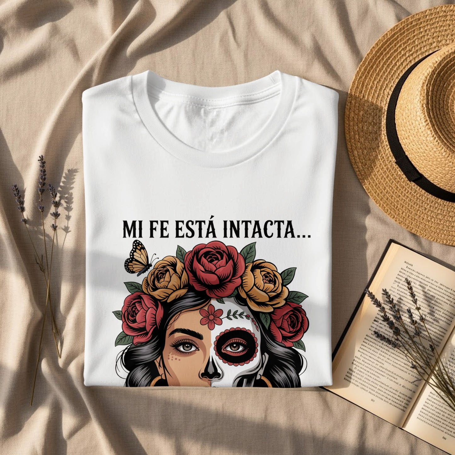 Mi Fe Está Intacta Skull and Flowers Design Shirt product