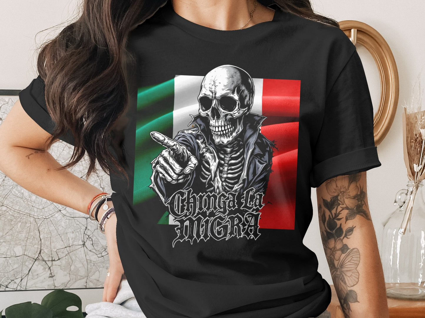 Chinga La Migra Skull Skeleton Graphic Tee Shirt product