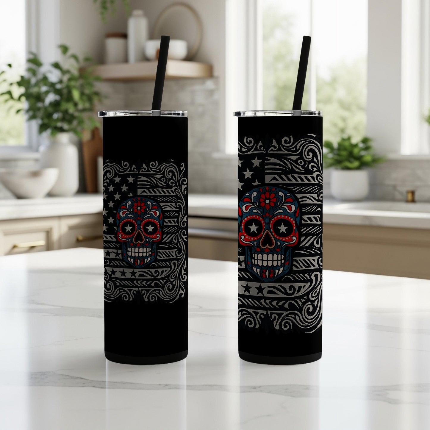 Skull Design Tumbler With Red Stars Pattern product