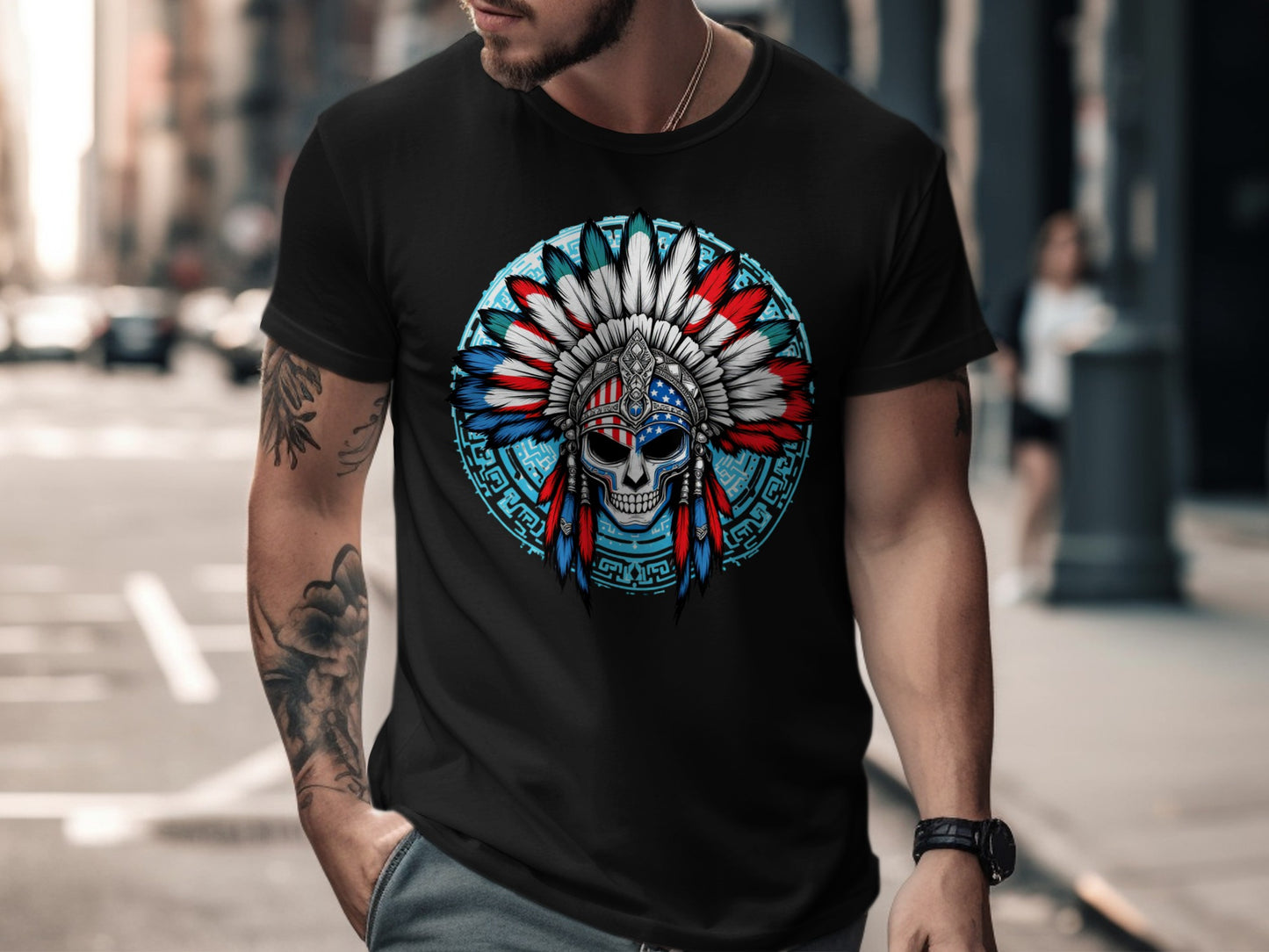 Skull in Native American Headdress Graphic Tee product type