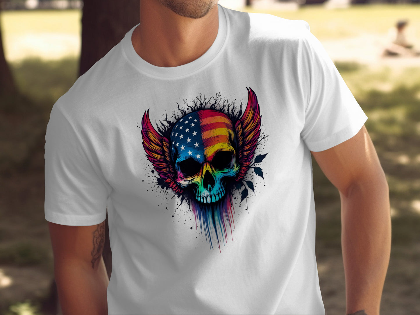Patriotic Skull with Wings Graphic Printed T-Shirt product