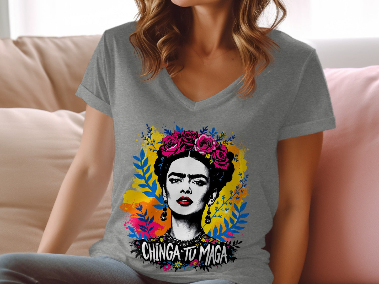 Colorful Artistic Portrait on Gray Fabric Apparel