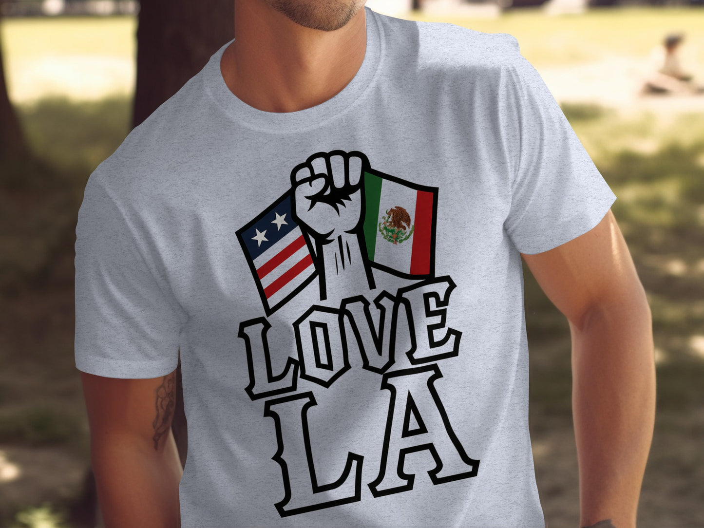 Love LA T-Shirt with Fist and Flags Graphic design product type