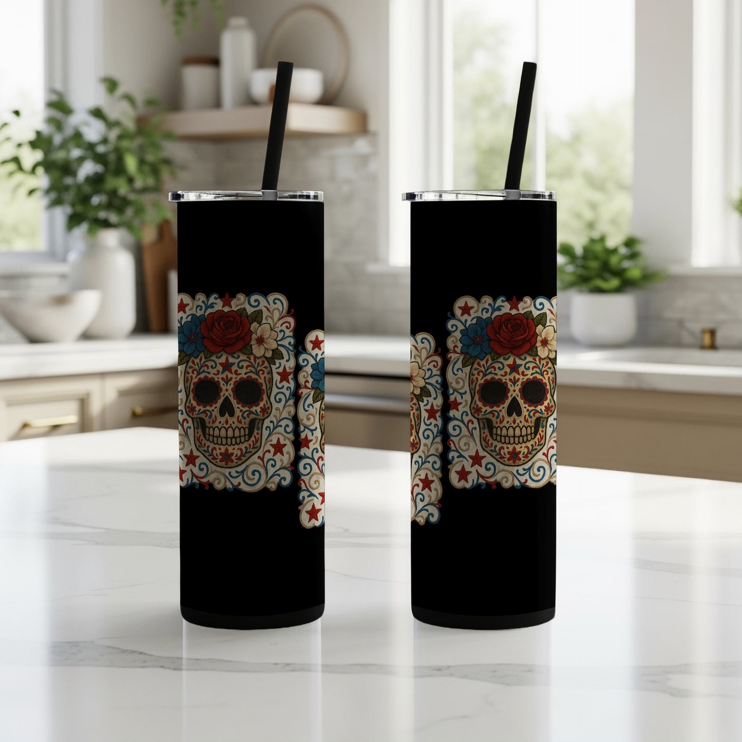 Decorative Skull Graphic Tumbler with Straw product type