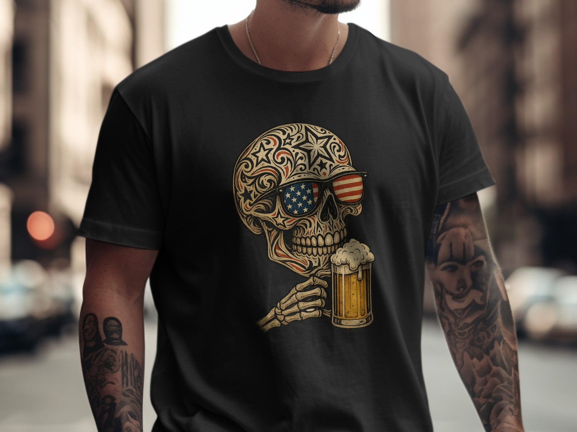 Skull Design with Beer and Flag Graphic T-shirt product type