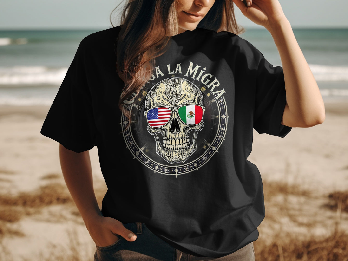 Calavera La Migra Skull T-shirt with Flag Sunglasses product type