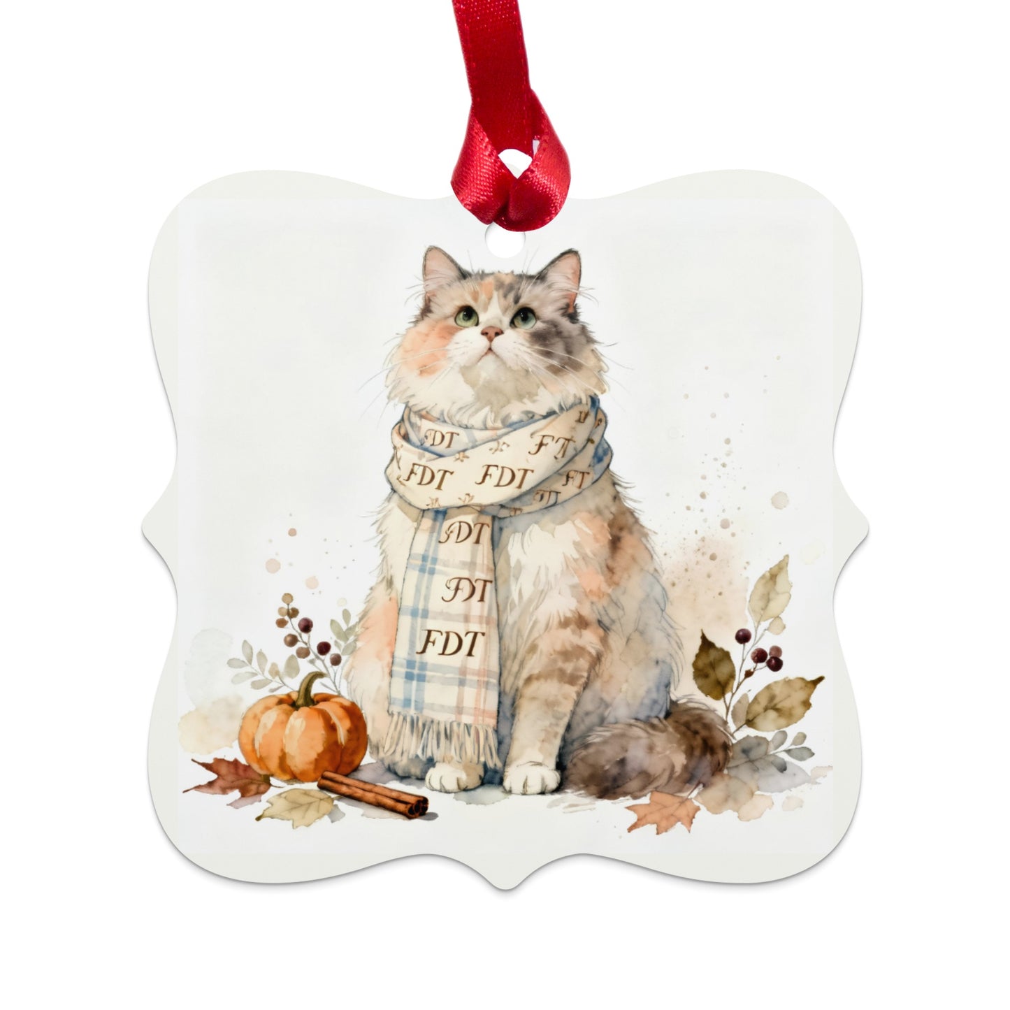 Adorable Cat Illustration with Festive Scarf Ornament