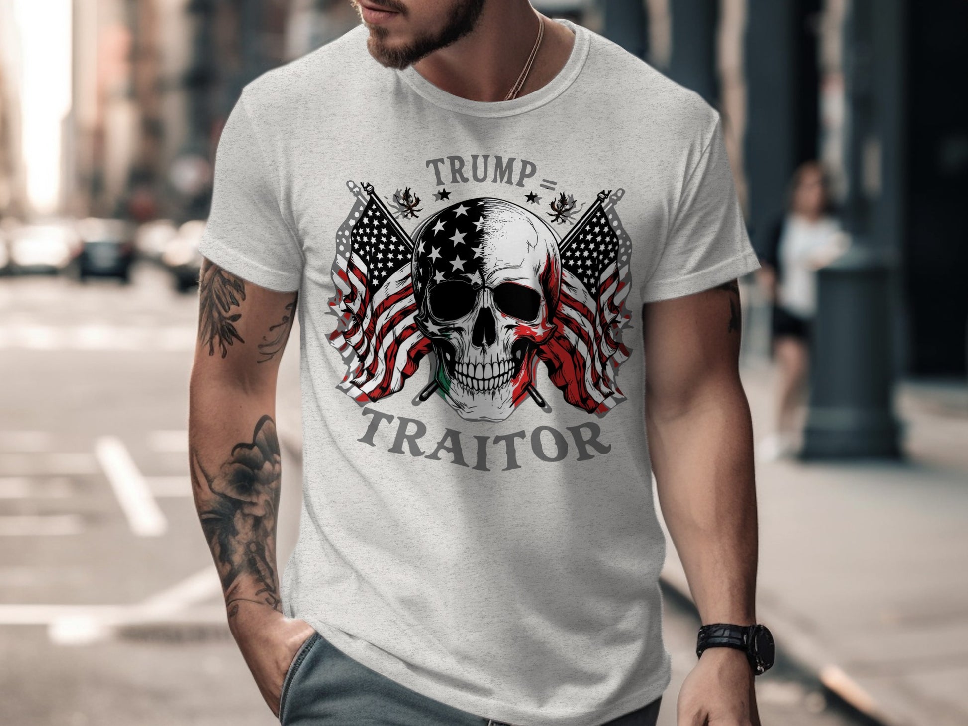 Skull and Flags Trump Traitor Design T-Shirt product type