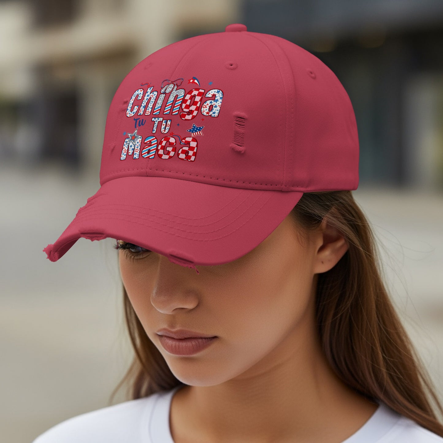 Chinga Tu Tu Mama Distressed Red Baseball Cap product