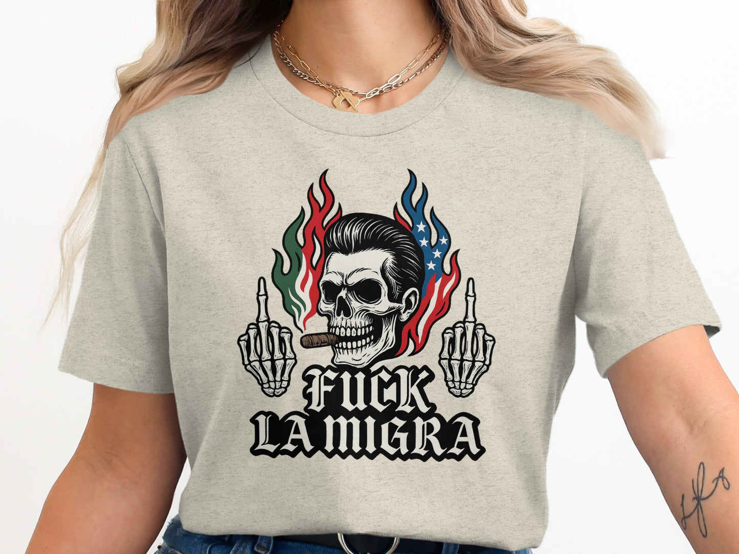 Bold Statement Skeleton Design Fuck La Migra Shirt product