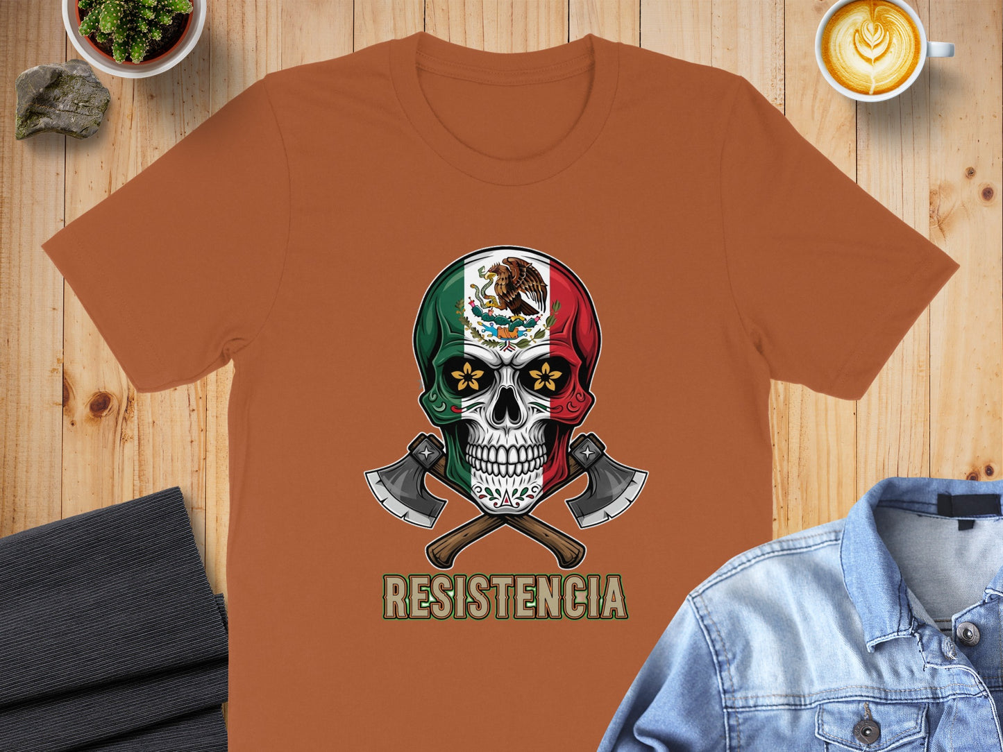 Mexican Skull with Axes and RESISTENCIA Text T-shirt