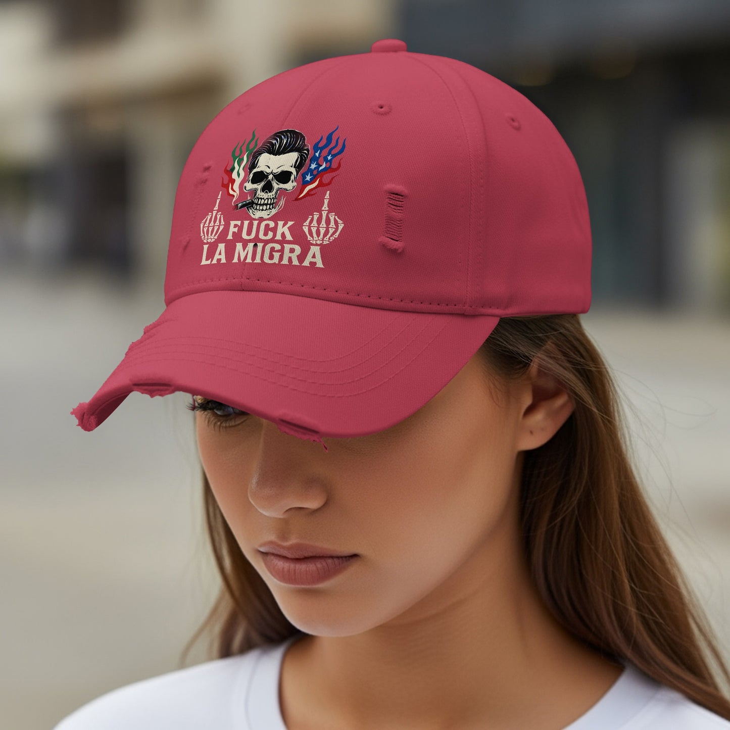 Statement Cap with Skull Design Distressed Baseball Hat product