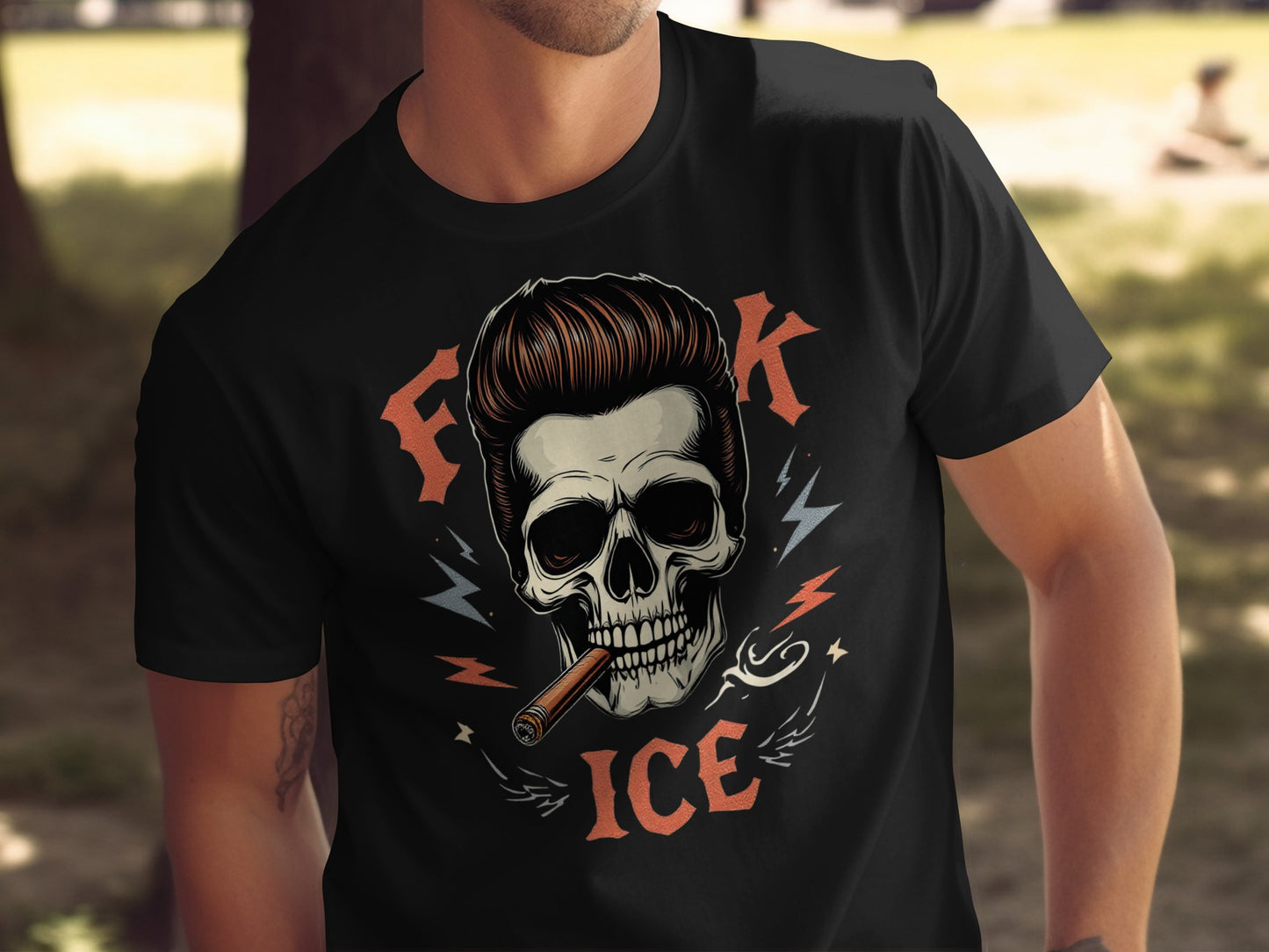 Skull with Cigar and Lightning Bolt Graphic T-shirt