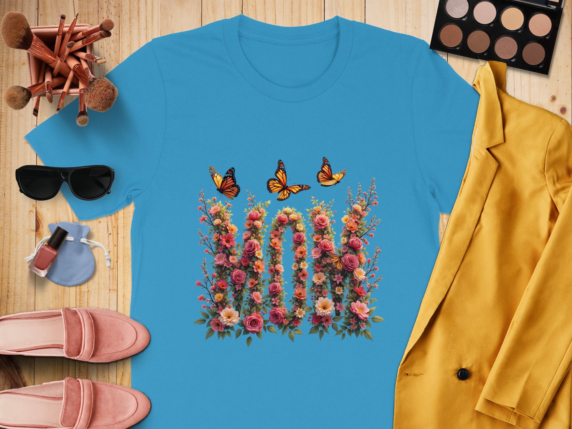 Floral Butterflies Design Light Blue T-shirt product