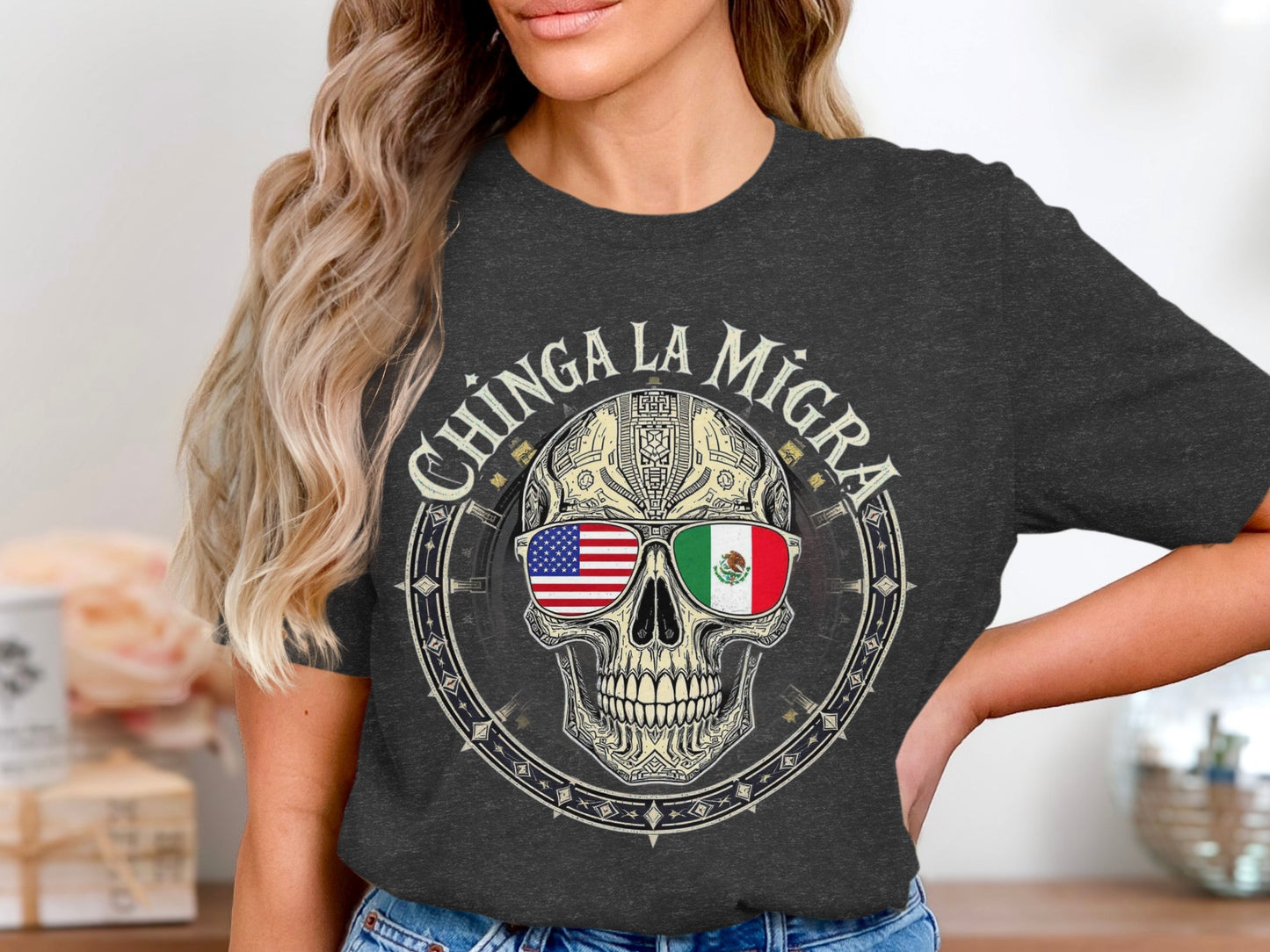 Chinga La Migra Skull Design Graphic Tee product