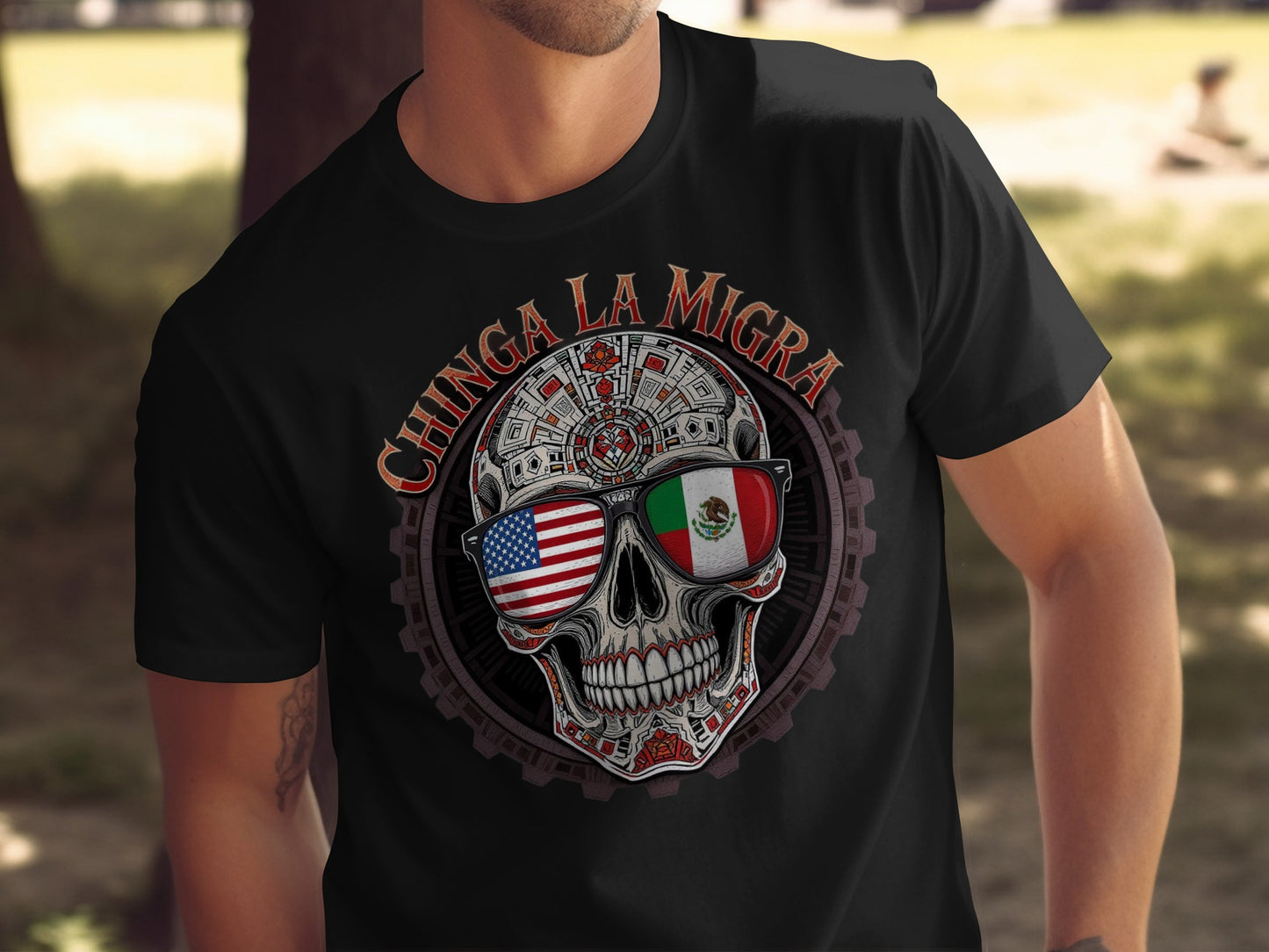 Chinga La Migra Skull with Flags Design T-Shirt product type