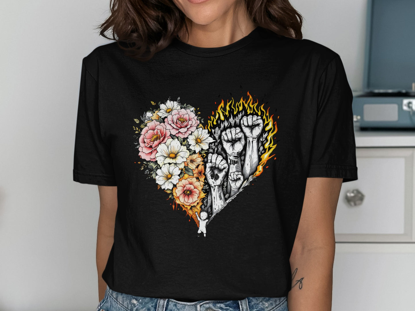 Heart Shaped Floral and Fisted Hands Graphic T-Shirt