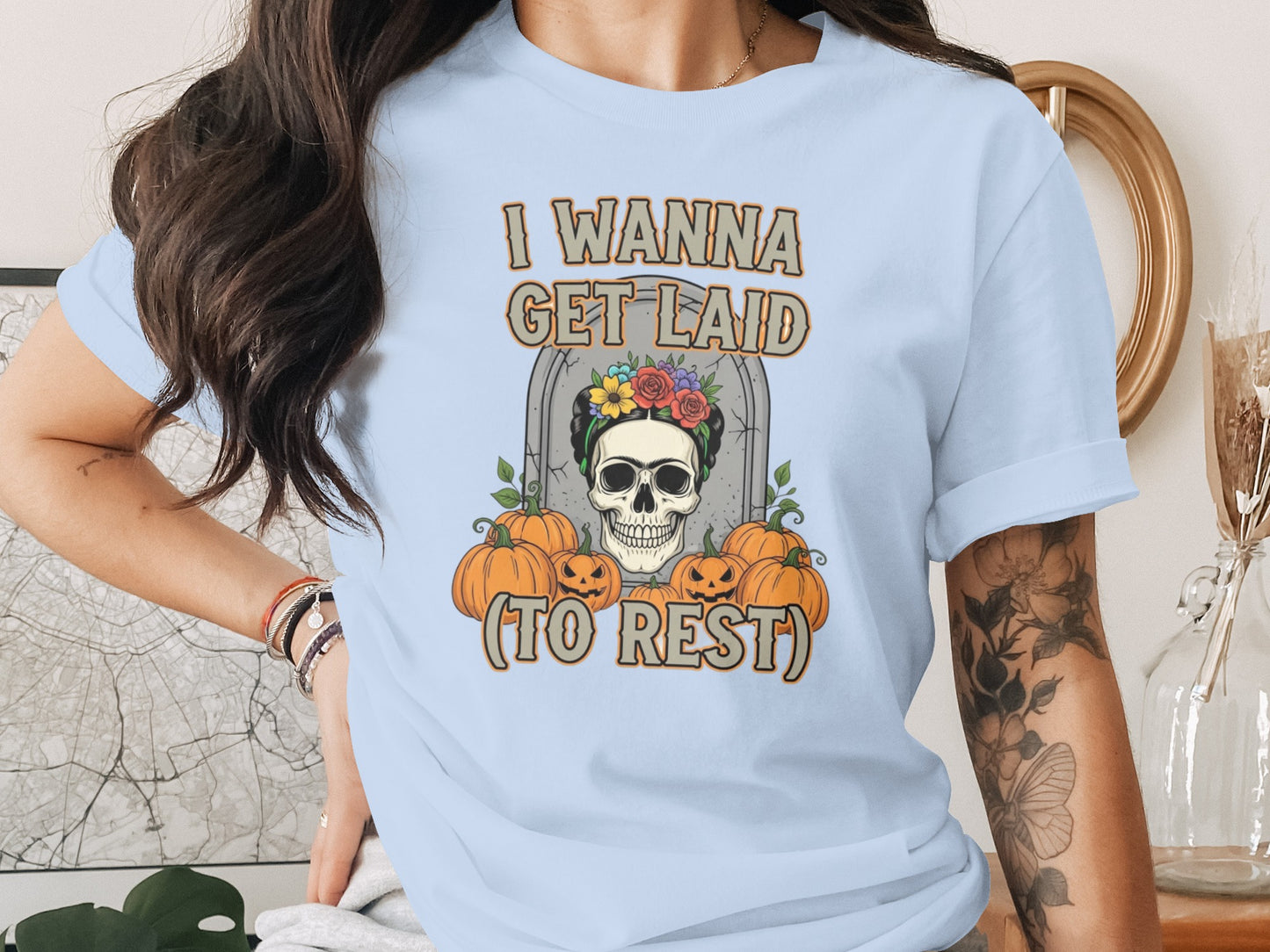 Halloween Skull Floral Design Blue T-Shirt product