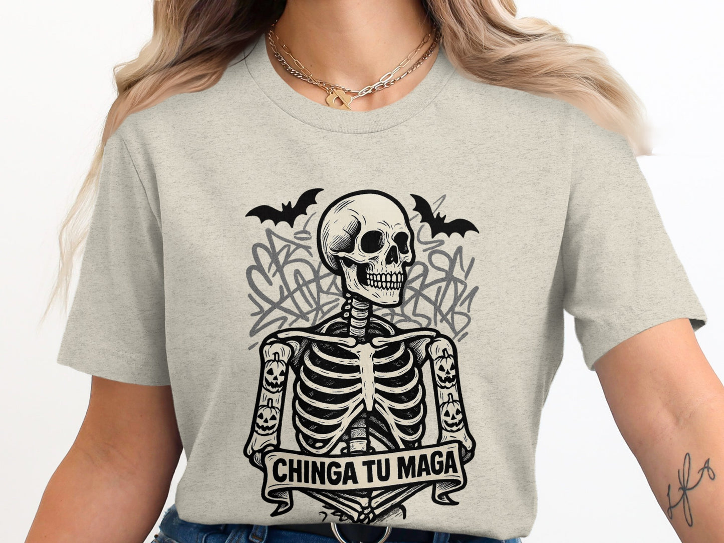 Chinga Tu Maga Skeleton with Bats Design T-Shirt product