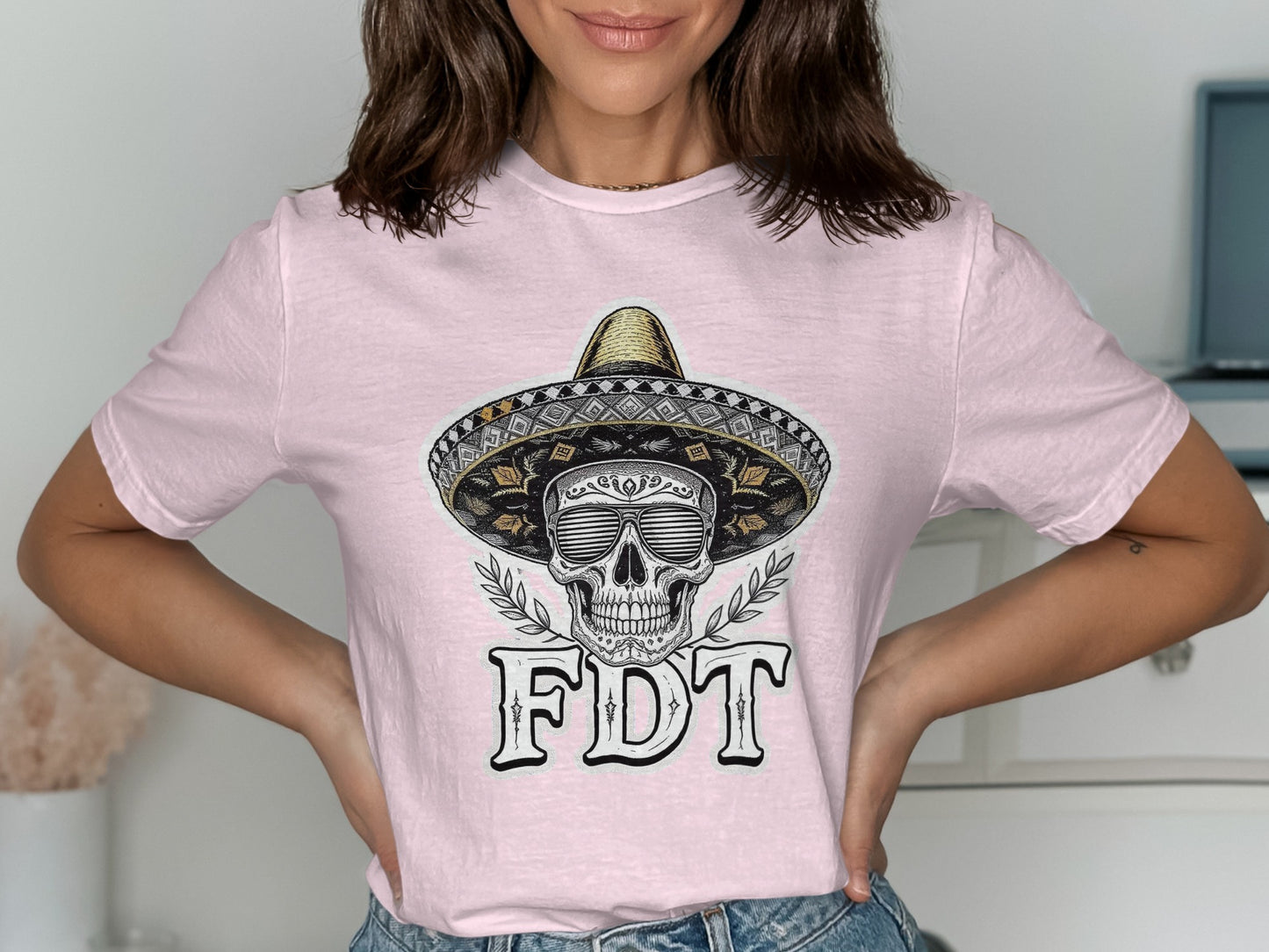 Skull with Hat Design FDT Printed Pink T-Shirt product type