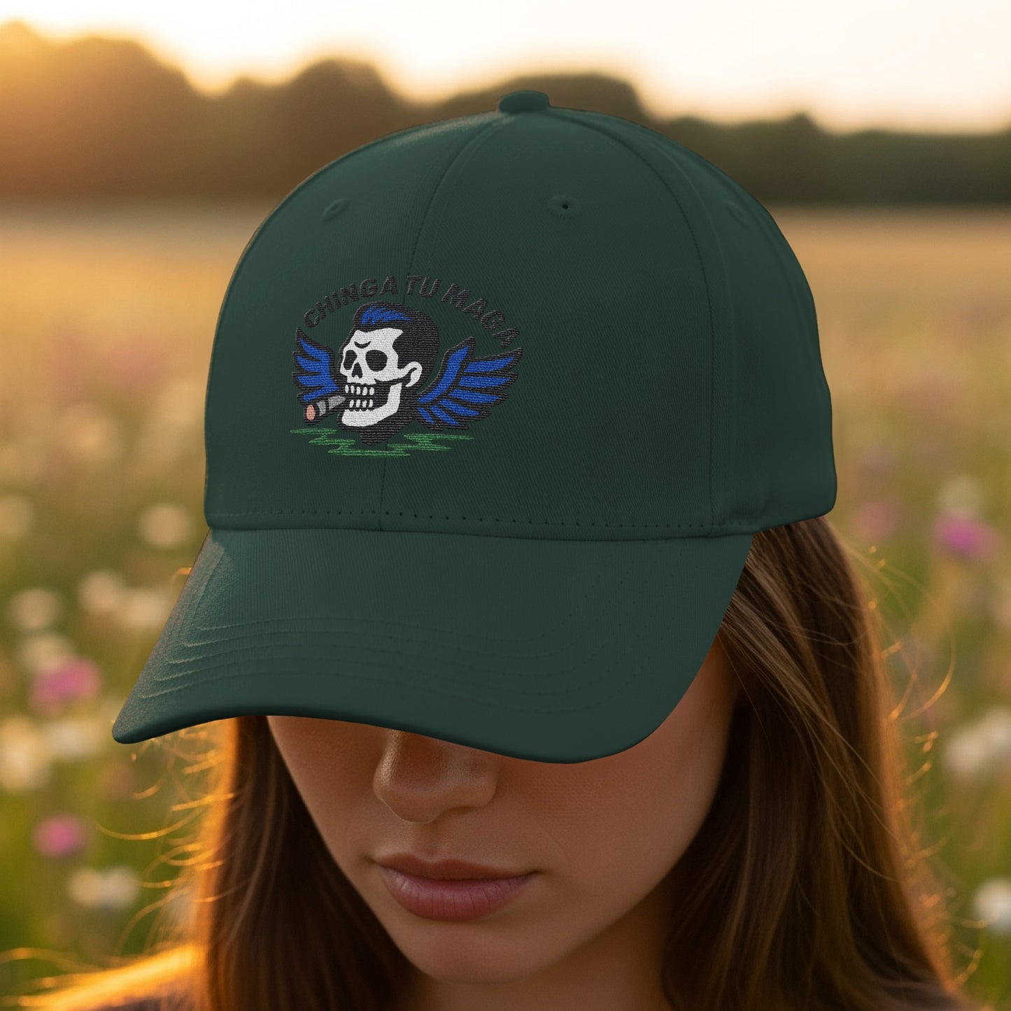 Skull with Wings Embroidered Design Green Cap product