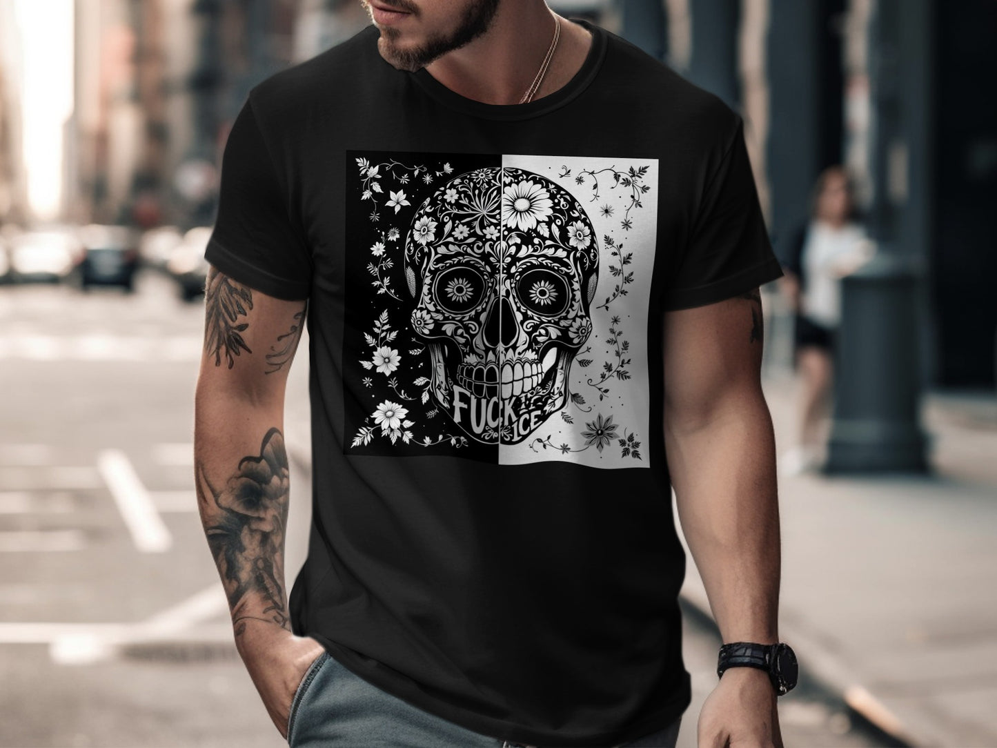 Black and White Floral Skull Design T-Shirt product