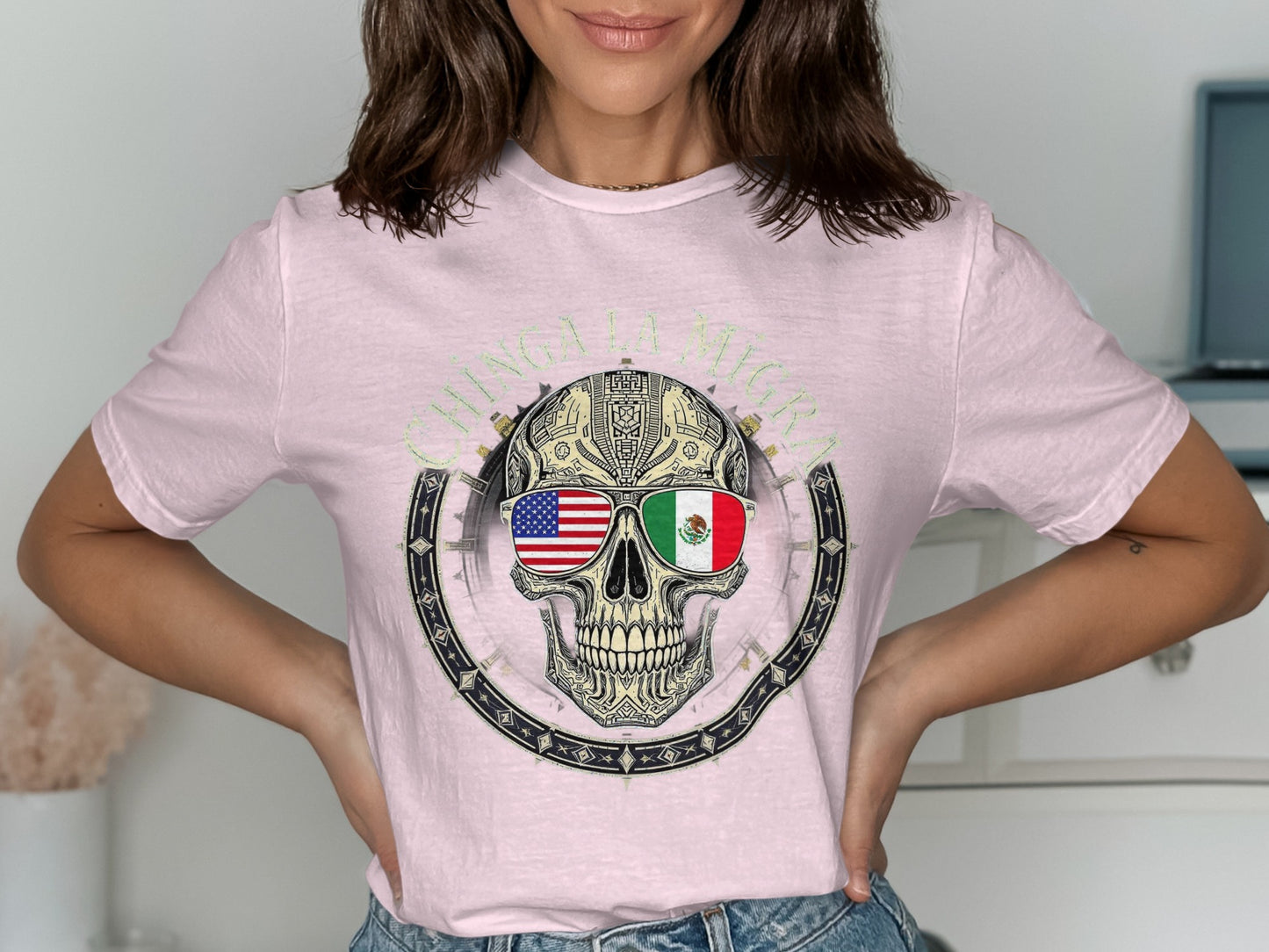 Chinga La Migra Skull Design Bilingual Graphic T-Shirts